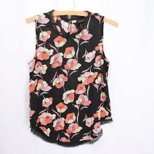Who What Wear Black Floral Keyhole Back Tank Top / Blouse - Sz XS - Frayed Hem